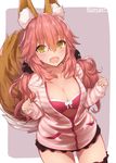  absurdres animal_ears artist_name blush breasts cleavage cowboy_shot eyebrows eyebrows_visible_through_hair fangs fate/extra fate_(series) fox_ears fox_tail frills highres large_breasts long_hair looking_at_viewer open_mouth pink_hair scrunchie solo striped striped_hoodie tail tamamo_(fate)_(all) tamamo_no_mae_(fate) thighhighs twintails unzipped yaman yellow_eyes zipper 