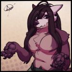  2023 anthro atokitsune atokitsune_(character) bare_chest bottomwear brown_body brown_fur canid canine chest_tuft clothing crotch_tuft dotted_background eyebrows fox fur hair long_hair male mammal moobs muscular navel pattern_background pawpads pose purple_pawpads red_body red_fur shorts simple_background solo tuft two_faced 