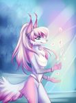  5_fingers anthro blue_eyes breasts canine eyelashes featureless_breasts female fox fur hair imanika mammal nude pink_fur pink_hair pink_nose slim smile solo standing white_fur white_hair wide_hips 