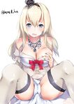  bare_shoulders black_eyes blonde_hair blue_eyes body_blush breasts cameltoe cleavage collarbone crown eyebrows eyebrows_visible_through_hair grabbing hair_between_eyes henet_hene jewelry kantai_collection large_breasts long_hair looking_at_viewer mini_crown necklace open_mouth panties solo spread_legs thighhighs twitter_username underwear warspite_(kantai_collection) white_panties 