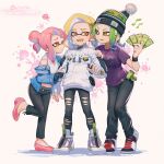  1boy 2girls artist_name beanie blonde_hair bobblehat colored_tongue green_eyes green_hair green_tongue hat high_heels highres inkling inkling_boy inkling_girl inkling_player_character jacket jinkoika money multiple_girls navel octoling octoling_girl octoling_player_character open_mouth orange_eyes pink_footwear pink_hair platform_footwear platform_heels pointy_ears purple_shirt shirt short_hair splatoon_(series) tentacle_hair tentacles tongue tongue_out white_footwear white_jacket yellow_eyes 