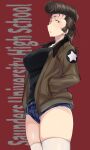  1girl absurdres black_shirt blue_shorts brown_hair commentary cosplay cowboy_shot cutoffs denim denim_shorts english_text girls_und_panzer green_eyes half-closed_eyes hands_in_pockets highres jacket kay_(girls_und_panzer) kay_(girls_und_panzer)_(cosplay) koyama_harutarou long_hair looking_at_viewer micro_shorts open_clothes open_jacket open_mouth pompadour red_background saunders_military_uniform shirt shorts solo standing text_background thighhighs white_thighhighs yuri_(girls_und_panzer) 