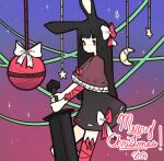  1girl animal_ears black_dress black_hair blunt_bangs bow capelet christmas_ornaments closed_mouth commentary crescent dress feet_out_of_frame frilled_capelet frills gradient_background greatsword hair_bow heavyblade_rabbit highres holding holding_sword holding_weapon long_hair looking_at_viewer medium_bangs merry_christmas mino_dev purple_background purple_capelet rabbit_and_steel rabbit_ears rabbit_girl red_background red_eyes ribbon-trimmed_capelet ribbon-trimmed_dress ribbon_trim smile solo star_(symbol) sword symbol-only_commentary thick_eyebrows weapon white_bow 