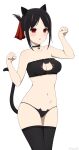  1girl :o absurdres animal_ears bell black_bra black_choker black_hair black_panties black_thighhighs bra breasts cat_cutout cat_ears cat_lingerie cat_tail choker cleavage_cutout clenched_hands clothing_cutout commentary cowboy_shot folded_ponytail highres jingle_bell kaguya-sama_wa_kokurasetai_~tensai-tachi_no_renai_zunousen~ looking_at_viewer meme_attire navel neck_bell open_mouth panties paw_pose red_eyes shinomiya_kaguya simple_background small_breasts solo stomach tail thighhighs underwear white_background yisusjpl 