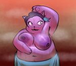 anthro areola armpit_hair big_breasts black_hair bodily_fluids body_hair breasts catty_(undertale) clothed clothing felid feline female fur hair highlights_(coloring) mammal musk musk_clouds nipples overweight overweight_anthro overweight_female oxkingky partially_clothed partially_colored paws purple_areola purple_body purple_fur simple_background solo sweat undertale_(series) whisker_spots 