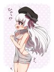  1girl ^^^ bare_arms bare_shoulders beret black_bow black_hat bow breasts commentary_request disembodied_hand fate/extra fate_(series) from_side grey_hair grey_sweater groin hair_bow hat highres long_hair meme_attire nursery_rhyme_(fate) open_mouth polka_dot polka_dot_background profile purple_background purple_eyes ribbed_sweater small_breasts solo_focus striped_bow surprised sweater translation_request turtleneck turtleneck_sweater two-tone_background very_long_hair virgin_killer_sweater white_background yuya090602 