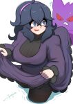  1girl @_@ ahoge alternate_breast_size artist_name black_hair black_pantyhose blue_eyes breasts clothes_lift commentary_request crossed_bangs dress dress_lift flying_sweatdrops gengar hair_between_eyes hairband hex_maniac_(pokemon) highres john_(a2556349) large_breasts long_dress long_hair messy_hair open_mouth pantyhose partially_submerged pokemon pokemon_(creature) pokemon_xy purple_hairband wading 