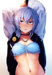  :p akagi_asahito arms_up blue_bra blue_eyes blue_hair blush bra bracelet breasts choker ear_piercing highres jacket jewelry letterman_jacket looking_at_viewer medium_breasts nail_polish navel navel_piercing necklace open_clothes open_jacket original piercing purple_nails simple_background smile solo tongue tongue_out underwear white_background 