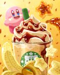  :d banana banana_slice cup drink drinking_glass food food_on_face fruit highres kirby kirby_(series) logo_parody miclot no_humans open_mouth smile star_(symbol) syrup whipped_cream 