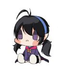  1girl arms_between_legs black_cape black_hair blue_hairband blue_robe blush_stickers brown_dust_2 cape chibi crying crying_with_eyes_open elf frown full_body hairband highres loen_(brown_dust_2) looking_ahead open_mouth pointy_ears purple_eyes rainmiaoyin robe simple_background sitting solid_oval_eyes solo tears twintails white_background 