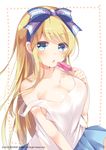  2016 alice_(wonderland) alice_in_wonderland bangs bare_shoulders blonde_hair blue_ribbon blue_skirt blush breasts cleavage collarbone emori_miku_project emu_alice english eyebrows eyebrows_visible_through_hair food food_on_body gomano_rio hair_ribbon holding holding_food long_hair looking_at_viewer medium_breasts number off_shoulder open_mouth pleated_skirt popsicle ribbon shirt skirt sleeveless solo sweat swept_bangs tank_top very_long_hair watermark white_background white_shirt 