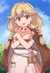  1girl absurdres anti-kirby blonde_hair blush braid brown_eyes brown_hair cameo cape commission dress faye_(fire_emblem) fire_emblem fire_emblem_echoes:_shadows_of_valentia highres holding jewelry kirby_(series) kutabireta_neko long_hair looking_at_viewer low-braided_long_hair low-tied_long_hair open_mouth sky smile solid_oval_eyes sparkle the_legend_of_zelda the_legend_of_zelda:_link&#039;s_awakening twin_braids 