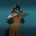  anthro black_hair bone breasts cleavage clothed clothing female front_view hair hi_res long_hair malo monster orange_clothing prison_uniform pulred scp-1471 scp_foundation shirt skull skull_head solo strip_game text topwear 