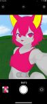  anthro camera_view canid canine cel_shading clothing cloud crop_top eyelashes female forest fox fur grass grey_body grey_fur gure_(thekitsuyt) hair hi_res mammal pink_clothing pink_crop_top pink_eyes pink_hair pink_nose pink_shirt pink_topwear plant purple_eyelashes selfie shaded shirt signature sky smile solo teeth thekitsuyt topwear tree 
