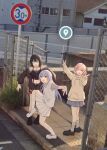  3girls ^_^ black_hair black_jacket blank_eyes blonde_hair blue_hair closed_eyes cometik_(idolmaster) double_v full_body high_school_girls_posing_for_google_street_view_(meme) highres hood hoodie idolmaster idolmaster_shiny_colors ikaruga_luca ikuta_haruki jacket long_hair looking_at_viewer meme miemie_1016 multicolored_hair multiple_girls navel off-shoulder_shirt off_shoulder outdoors photo-referenced photo_background pink_hair plaid plaid_skirt pleated_skirt shirt short_hair skirt standing standing_on_one_leg streaked_hair suzuki_hana sweater_vest v very_long_hair white_sweater_vest yellow_hoodie 