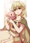  1girl absurdres anti-kirby blonde_hair blush braid brown_eyes brown_hair cameo cape chihiro_(chihiro3399) commission dress faye_(fire_emblem) fire_emblem fire_emblem_echoes:_shadows_of_valentia highres holding jewelry kirby_(series) long_hair looking_at_viewer low-braided_long_hair low-tied_long_hair open_mouth signature simple_background smile solid_oval_eyes the_legend_of_zelda the_legend_of_zelda:_link&#039;s_awakening twin_braids 