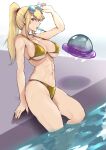  1girl abs bikini blonde_hair blue_eyes breasts english_commentary eyewear_on_head food food_in_mouth gold_bikini high_ponytail highres large_breasts looking_at_viewer metroid metroid_(creature) pool popsicle popsicle_in_mouth samus_aran sitting soaking_feet solo strap_gap sunglasses swimsuit vialnite water 