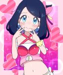  1girl alternate_costume blue_eyes blue_hair bow closed_mouth criss-cross_halter crop_top double_v earrings embarrassed hair_bow halterneck heart highres idol jewelry liko_(pokemon) looking_at_viewer melili midriff navel one_side_up pink_background pink_bow poke_ball pokemon pokemon_(anime) pokemon_horizons scrunchie short_hair smile solo standing stomach sweatdrop swept_bangs upper_body v wrist_scrunchie yellow_scrunchie 