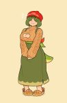  1girl absurdres apple appletun blush breasts brown_footwear cleavage_cutout closed_eyes clothing_cutout commentary crocs doodlelotl english_commentary food food-themed_clothes food-themed_hat freckles fruit green_hair green_skirt green_tail highres large_breasts light_smile long_skirt mature_female own_hands_together personification pie pokemon short_hair simple_background skirt solo sweater turtleneck 