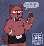 anthro beverage blush blush_lines bodily_fluids bow_tie canid canine canis clothed clothing container cup domestic_dog dr_pepper drinking_glass drooling ear_piercing glass glass_container glass_cup half_naked hi_res holding_beverage holding_object holding_wine_glass ice_cube male mammal nipples ohmygoditguppy oliver_(ohmygoditguppy) piercing procyonid raccoon saliva slightly_chubby soda speech_bubble standing topless topless_anthro topless_male william_(ohmygoditguppy) wine_glass