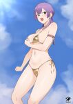  1girl alternate_costume arm_strap arm_under_breasts artist_logo bernadetta_von_varley bikini blue_sky breasts choker cleavage clenched_hand cloud commentary day fire_emblem fire_emblem:_three_houses gold_bikini gold_choker grey_eyes groin highres kaos_art large_breasts navel open_mouth outdoors purple_hair raised_eyebrows side-tie_bikini_bottom sky solo stomach swimsuit tassel thighs 