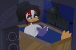  anatid anseriform anthro avian bathing bathtub bird black_hair blue_curtain book breasts comfy cozy disney duck ducktales ducktales_(2017) evening female fluffy_breasts hair hi_res listening_to_music mr._blue_(artist) night non-mammal_breasts nude one_foot_raised paivio_selanne paivio_selanne_(ducktales) ponytail raining relaxed_expression relaxed_face relaxing solo speaker 