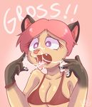  2016 anthro big_breasts breasts cat cum cum_in_mouth cum_inside cum_on_face cum_on_hand cum_on_tongue cum_string disgusted english_text feline female hair krayboost mammal pink_hair simple_background solo text tongue tongue_out wristband 