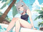  1girl animal_ear_fluff animal_ears black_one-piece_swimsuit blue_archive blue_eyes blue_sky breasts cloud competition_swimsuit covered_navel cross_hair_ornament day dutch_angle extra_ears feet_out_of_frame grey_hair hair_ornament halo house knees_together_feet_apart legs looking_at_viewer low_ponytail medium_breasts medium_hair milusama mismatched_pupils multicolored_clothes multicolored_swimsuit official_alternate_costume one-piece_swimsuit outdoors palm_tree shiroko_(blue_archive) shiroko_(swimsuit)_(blue_archive) sitting sky soaking_feet solo swimsuit tree water wolf_ears 