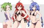  3girls absurdres abysswatchers ahoge ass ass_visible_through_thighs bikini black_bikini black_ribbon blue_eyes blue_hair braid breasts elf english_commentary eris_greyrat green_hair groin hair_between_eyes hair_ribbon hand_on_own_hip highres light_frown long_hair looking_at_viewer looking_back medium_breasts multiple_girls mushoku_tensei one-piece_swimsuit pointing pointing_up pointy_ears red_eyes red_hair ribbon roxy_migurdia short_eyebrows short_hair sideboob simple_background small_breasts smile stomach swimsuit sylphiette_(mushoku_tensei) thick_thighs thighs twin_braids very_long_hair white_one-piece_swimsuit 