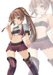  1girl absurdres alternate_costume bandeau boots breasts brown_hair clothes_writing cropped_jacket feet_out_of_frame grey_eyes hair_ribbon highres jacket kantai_collection kazagumo_(kancolle) long_hair looking_at_viewer midriff multiple_views ponytail purple_bandeau purple_footwear purple_shorts race_queen ribbon shorts simple_background small_breasts thigh_boots white_background white_jacket yashin_(yasinz) zoom_layer 