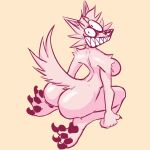  1:1 absurd_res anthro breasts butt canid claws digital_media_(artwork) female hair hi_res insane kanyewestbearrealye mammal orange_background pawpads paws pink_body pink_hair sharp_teeth simple_background sitting smile solo tail teeth wide_eyed 