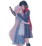  2girls apron black_serafuku black_shirt black_skirt black_socks blue_dress brown_hair closed_eyes commentary crying dress full_body hair_ornament hairclip highres hinageshi_(hngs_tzr) holding holding_knife hug kagerou_project knife kozakura_marry long_hair long_sleeves multiple_girls open_mouth pink_eyes school_uniform serafuku shirt sidelocks simple_background skirt smile socks tateyama_ayano very_long_hair white_apron white_background white_hair 