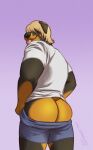  absurd_res amarox anthro blonde_hair bottomwear bottomwear_down butt canid canine canis chester_(amarox) clothed clothing digital_drawing_(artwork) digital_media_(artwork) domestic_dog hair hi_res looking_at_viewer looking_back male mammal mastiff molosser muscular pants pants_down partially_clothed presenting presenting_hindquarters rottweiler shirt short_tail shorts solo standing t-shirt tail tongue tongue_out topwear 