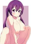  blush breasts gochuumon_wa_usagi_desu_ka? highres inverted_nipples large_breasts long_hair naruse_mai nipples nude purple_eyes purple_hair pussy pussy_peek smile solo squatting tedeza_rize thick_thighs thighs twintails 