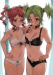  2girls absurdres blush breasts choker commission droite_(tales) english_commentary gauche_(tales) green_eyes green_hair green_nails hair_ornament hair_rings hand_on_own_hip highres indoors large_breasts looking_at_viewer multiple_girls nail_polish navel panties red_eyes red_hair red_nails second-party_source short_hair sidelocks small_breasts smile tales_of_(series) tales_of_vesperia tongue tongue_out twintails underwear zd_(pixiv6210083) 