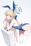  1girl absurdres adjusting_collar adjusting_headset animal_ears aqua_bow arm_support ass bare_back blonde_hair blue_archive blue_bow blue_eyes blue_halo blue_leotard bow bowtie breasts closed_mouth detached_collar dot_nose expressionless fake_animal_ears fake_tail hair_bow halo headset highleg highleg_leotard highres koitoroku leaning_forward leotard light_blush long_hair looking_at_viewer mechanical_halo multicolored_hair playboy_bunny rabbit_ears rabbit_tail simple_background small_breasts solo sparkle standing strapless strapless_leotard streaked_hair suitcase tail thighhighs thighs toki_(blue_archive) toki_(bunny)_(blue_archive) twitter_username very_long_hair white_background white_thighhighs white_wrist_cuffs wrist_cuffs 