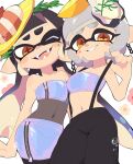  2girls ;d baggy_pants bare_shoulders black_hair black_pants black_pantyhose blunt_bangs blunt_ends blush_stickers breasts callie_(splatoon) chain chain_earrings commentary_request cowboy_shot english_commentary fangs floral_background food food_on_head fruit gradient_hair grey_hair grin heart highres holographic_clothing inkling kiirono lemon lemon_slice long_hair looking_at_viewer marie_(splatoon) medium_hair midriff miniskirt mixed-language_commentary mole mole_under_eye multicolored_hair multiple_girls navel object_on_head official_alternate_costume official_alternate_hairstyle one_eye_closed orange_eyes oyster pants pantyhose pencil_skirt pointy_ears purple_hair purple_skirt purple_tube_top shrimp sidelocks skirt small_breasts smile splatoon_(series) splatoon_3 star-shaped_pupils star_(symbol) strapless suction_cups suspenders suspenders_pull symbol-shaped_pupils tentacle_hair thick_eyebrows tube_top twintails two-tone_hair very_long_hair white_background zipper_pull_tab zipper_skirt 