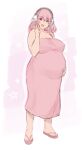  1girl bare_shoulders breasts dress flip-flops full_body hair_between_eyes hand_on_own_stomach hand_up headphones large_breasts long_hair looking_at_viewer nitroplus open_mouth pink_dress pink_eyes pink_footwear pink_hair pink_theme plump pregnant sandals shibe_(pregnancy) sleeveless sleeveless_dress smile solo standing star_(symbol) super_sonico v white_background 
