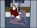  anthro bedding bedroom bedroom_background bedroom_clothing bedroom_window belly blanket bottomless bottomless_anthro bottomless_female breast_outline camera clothed clothing curtains_open feet female genitals hair hair_over_eye lagomorph leporid looking_at_viewer mammal mirror_selfie navel nipple_outline one_eye_obstructed pubes pussy rabbit rabbit_ears rebeldragon101 selfie shirt solo spread_legs spreading toes topwear willitfit window 