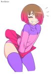  bete_noire betty_noire brown_hair closed_eyes glitchtale highres long_socks miniskirt panties pink_hair pink_panties pink_shirt purple_shirt purple_socks shirt short_hair skirt smile socks underwear white_background 