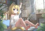  1girl absurdres animal_ear_fluff animal_ears arm_up bare_legs barefoot bed bell blonde_hair blue_eyes blurry book book_stack bookshelf cat_ears cat_girl cat_tail character_doll curtains depth_of_field desk full_body hair_bell hair_ornament highres indoors jingle_bell long_hair looking_at_viewer naked_shirt nightstand no_pants off_shoulder on_bed original painting_(object) picture_frame plant potted_plant shirt short_sleeves sitting stretched_limb tail white_shirt window xiao_baixiong_tat 