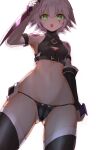  1girl arm_belt ass_visible_through_thighs bandaged_arm bandages bare_shoulders black_gloves black_panties black_shirt black_thighhighs breasts bump_(bump321) cameltoe cleavage_cutout clothing_cutout commentary_request cowboy_shot dagger dual_wielding fate/apocrypha fate_(series) fingerless_gloves from_below gloves green_eyes grey_hair hair_between_eyes hand_up holding holding_dagger holding_knife holding_weapon jack_the_ripper_(fate/apocrypha) knife looking_at_viewer lowleg lowleg_panties navel open_mouth panties scar scar_across_eye scar_on_cheek scar_on_face shirt short_hair shoulder_tattoo simple_background single_glove sleeveless sleeveless_shirt small_breasts solo standing stomach tattoo thighhighs underwear weapon white_background 
