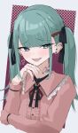  1girl absurdres fangs hair_ornament hatsune_miku heart highres jewelry long_hair long_sleeves looking_at_viewer mask mask_pull mouth_mask open_mouth ribbon shirt simple_background skirt smile solo twintails user_juvd3422 vampire_(vocaloid) vocaloid 