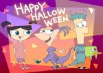  1girl 2boys black_hair boo_(monsters_inc.) boo_(monsters_inc.)_(cosplay) child cosplay ferb_fletcher halloween happy_halloween horns ikuchi_osutega isabella_garcia-shapiro james_p._sullivan james_p._sullivan_(cosplay) mike_wazowski mike_wazowski_(cosplay) monsters_inc. multiple_boys perry_the_platypus phineas_and_ferb phineas_flynn platypus randall_boggs toon_(style) 