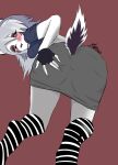  absurd_res anthro blush bottomwear breasts butt canid canine canis clothing female fur grey_body grey_fur helluva_boss hi_res loona_(helluva_boss) mammal marianart_1 red_eyes shaded simple_background skirt solo tail tongue tongue_out wolf 