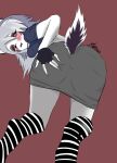 absurd_res anthro blush bottomwear breasts butt canid canine canis clothing female fur grey_body grey_fur helluva_boss hi_res loona_(helluva_boss) mammal marianart_1 red_eyes shaded simple_background skirt solo tail tongue tongue_out wolf