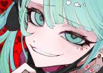  1girl fangs hair_ornament hatsune_miku heart jewelry long_hair long_sleeves looking_at_viewer manegi mask mask_pull mouth_mask open_mouth ribbon shirt simple_background skirt smile solo twintails vampire_(vocaloid) vocaloid 