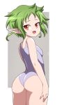  1girl absurdres abysswatchers ass breasts elf feet_out_of_frame from_behind green_hair hand_on_own_leg highres looking_at_viewer looking_back medium_breasts mushoku_tensei one-piece_swimsuit open_mouth pointy_ears red_eyes short_eyebrows short_hair sideboob simple_background smile solo swimsuit sylphiette_(mushoku_tensei) white_one-piece_swimsuit 