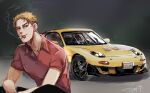  1boy black_pants blonde_hair car chinese_commentary cigarette collared_shirt dated green_eyes hair_behind_ear highres initial_d license_plate male_focus mazda mazda_rx-7 mazda_rx-7_fd motor_vehicle mouth_hold pants red_shirt shadow shirt short_hair signature sketch smile smoking solo sports_car takahashi_keisuke takahashi_keisuke&#039;s_mazda_rx-7_fd vehicle_focus xiaobu-j.us 