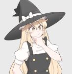  bow bowtie commentary hat kirisame_marisa long_hair mata_(matasoup) simple_background thinking touhou very_long_hair white_background witch_hat yellow_eyes 